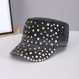 Men's And Women's Metal Rivet Decorated Washed And Distressed Material Flat-top Style Retro Punk Hat. Suitable For Daily Street Wear In School Settings.