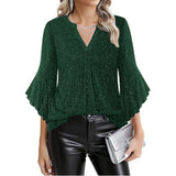 Womens Casual Silver-Thread Mesh V-Neck Petal Three-Quarter Sleeve Loose Top