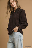 Umgee Corduroy Ruffle Shirt with Long Puff Sleeves