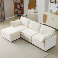 104' Plush Cloud 3 Seater Sofa: Modular 3 Seater Sofa + Ottoman with 22' Beige Chenille Cushions + 2 Throw Pillows - Compact Size for Apartment, Living Room, Bedroom (Beige)