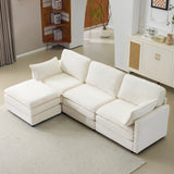 104' Plush Cloud 3 Seater Sofa: Modular 3 Seater Sofa + Ottoman with 22' Beige Chenille Cushions + 2 Throw Pillows - Compact Size for Apartment, Living Room, Bedroom (Beige)