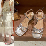 French-style Bow Chunky-heeled Silver Sandals