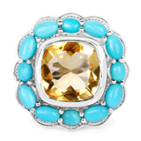 9.26 Carat Genuine Citrine and Turquoise .925 Sterling Silver Ring