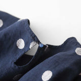 Artistic Retro Blue Polka-Dot Dress Crew-Neck Long-Sleeve French-Elegance Cotton-Linen Jumper Dress