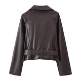 Trendy Wild Two-color Double Breasted Short Lace Up Leather Coat