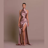 Elegant Stand-up Collar Long Dress Halter Neck Sleeveless Slit Slim Dress