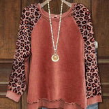 Womens Leopard-Print Patchwork Color-Block Long-Sleeve Top
