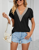 Cap Sleeve Summer Tops for Women Trendy Floral Print Casual V Neck T Shirts Petal Sleeve Blouses