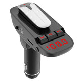 Car FM Transmitter with Wireless Earpiece 2 USB Charge Ports
