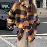 Koreanstyle SpringAutumn FleecLined Thickened Brushed Plaid Shirt For Women