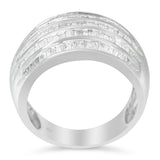 .925 Sterling Silver 1.0 Cttw Baguette-Cut Diamond 6-Row Channel Set Domed Tapered Cocktail Fashion Ring (H-I Color, I2-I3 Clarity) - Size 6-1/2