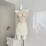 Women's French Strapless Bodycon Dress Lace Fur Trim Splicing Mini Dress For Birthday Dinner Club Night