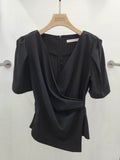 Womens Solid-Color French-Style Chic Asymmetrical Cross V-Neck Short-Sleeve Top