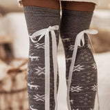 Christmas Element Bowknot Ribbed Trim Over Knee Stockings