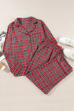 Christmas Plus Size Plaid Collared Neck Top and Pants Lounge Set For women