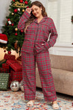 Christmas Plus Size Plaid Collared Neck Top and Pants Lounge Set For women