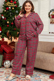 Christmas Plus Size Plaid Collared Neck Top and Pants Lounge Set For women