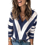 Color Block Striped V Neck Sweater for Women Long Sleeve Knit Pullover Jumper Tops