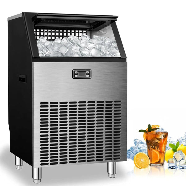 Commercial Ice Maker, Freestanding Square Ice Cube Maker 265lbs/24h, 55lbs Storage Bin, Full Heavy Duty Stainless Steel Construction