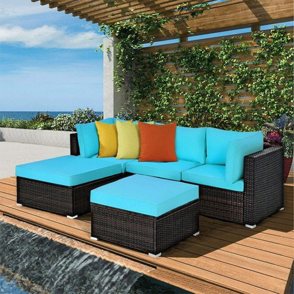 Outdoor Patio Rattan Turquoise Furniture Sectional Conversation Sofa Set, 5PCS (SAK56878)
