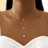 Crystal Zirconia Heart Star Charm Layered Pendant Necklace