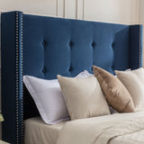 Peyton Upholstered Queen Bed with 54' High Headboard and Traditional Buttoned Tufting in Blue Velvet