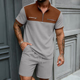 Mens Half-Zip Stand-Neck Short-Sleeve T-Shirt And Shorts Set
