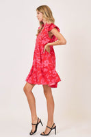 Umgee Full Size Two Tone Floral Print Ruffle Cap Sleeve Mini Dress Plus Size