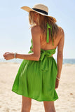 Davi & Dani Smocking Halter Neck Tie Open Back Mini Dress
