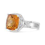 14K White Gold 12mm Cushion Cut Yellow Citrine Gemstone and 1/3 Cttw Round Pave-Set Diamond Ring - (H-I Color, VS1-VS2 Clarity)- Size 6.5
