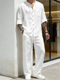 Mens Solid-Color Linen Long-Sleeve Shirt And Pants Two-Piece Set