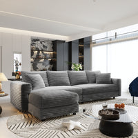 104.3 ' Plush Corduroy 4-Seat Sofa, Modern Comfy Upholstered Sofa Cloud Couch, Deep Seat Couches with Soft Pillows and 3 Ottomans, Convertible Sofa Lounge Chair, for Living Room,Apartment,Office,Grey
