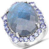 13.99 Carat Genuine Labradorite and Tanzanite .925 Sterling Silver Ring