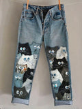 New 3D Heat-transfer Printed Flared Jeans-style Trousers In Faux Denim