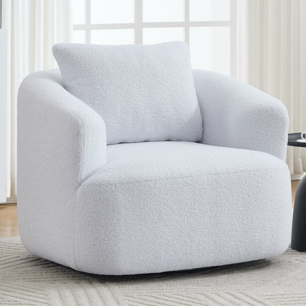 360° Swivel Round Upholstered Comfy Chair With One Soft Pillow, Teddy Fleece High-Resilience Sponge Single Sofa, No Assembly for Living Room, Bedroom, Apartment, White