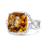 14K White Gold 12mm Cushion Cut Yellow Citrine Gemstone and 1/3 Cttw Round Pave-Set Diamond Ring - (H-I Color, VS1-VS2 Clarity)- Size 6.5