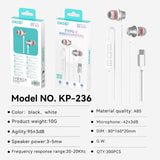 KP-236 Best-selling In-Ear Wired Headphones USB-C Universal For Phones PCs Heavy Bass High Audio Quality In-Line Controls In Stock
