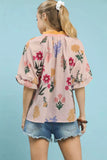 Umgee Floral Puff Sleeve Blouse with Scallop Trim Collar
