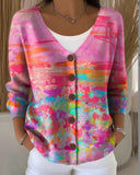 Womens Printed Knitted Sweater With Buttons Printed Cardigan