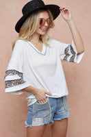 BiBi Triblend Knit Top with Leopard Band Detail