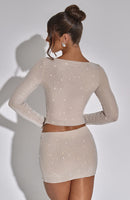 Long Sleeve Top Rhinestone Tight Mini Skirt Suit