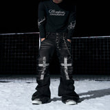Mens Cross-Design Rhinestone-Embellished Double-Waist Button Denim Jeans