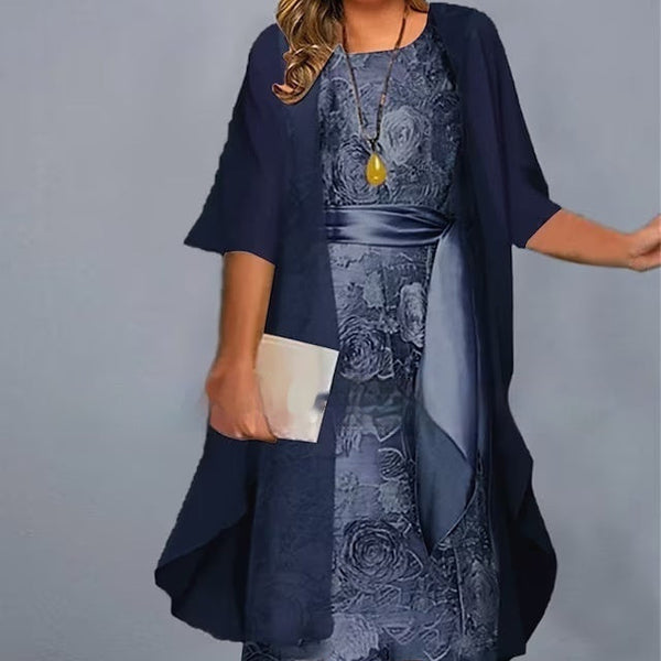 Long Sleeve Printed Round Neck Plus Size Dress Suit