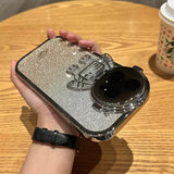 Glitter Astronaut Camera Stand Phone Case For I14 13 12 11 Pro Max XR 14 Plus Invisible Lens Bracket Plating Soft Cover