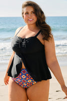 Black Drawstring Tied Front Flared Top Geometric Print Bottom Tankinis