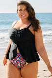 Black Drawstring Tied Front Flared Top Geometric Print Bottom Tankinis