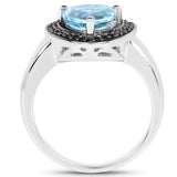 2.06 Carat Genuine Swiss Blue Topaz and Black Diamond .925 Sterling Silver Ring