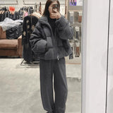 Korean-style Retro Gray Stand-collar Corduroy Loose Cotton Padded Jacket