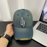 Retro Washed Distressed Denim Baseball Cap With Patch Holes And Embroidered Letter QY Soft Top Casual And Versatile Beanie