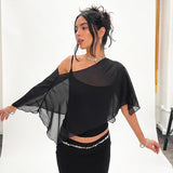Solid-color Spaghetti-strap Midriff-baring Mesh Off-the-shoulder Outer Layer